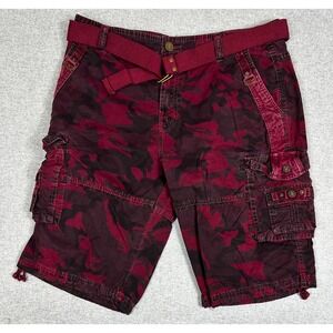 Twoce Camo Short Mens 38 Red Burgundy Belt Baggy 13" Long Grunge Slouch Y2K 90s